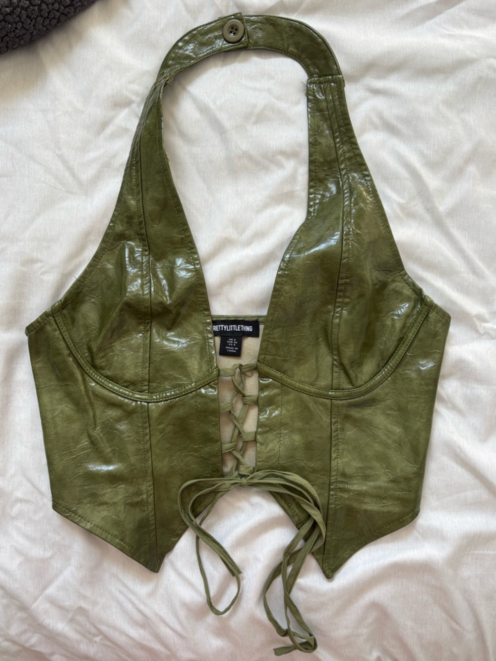 Faux Leather Lace Up Plunge Halter Neck Top